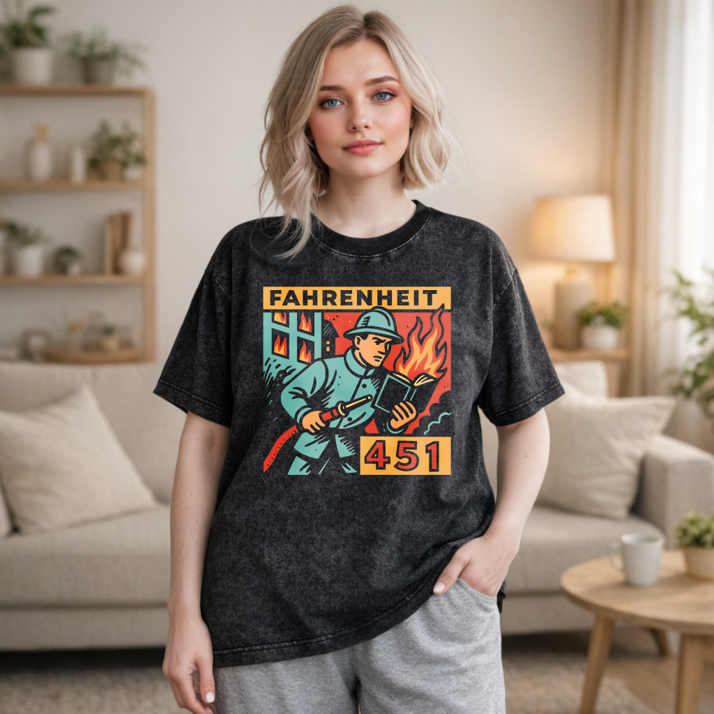 Wardrobecart Fahrenheit 451 Firefighter Holding Book With Flames Pattern Unisex Washed T-shirt