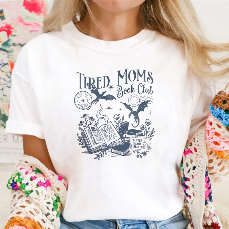 Wardrobecart Tired Moms Book Club With Open Book Bat Moon And Flowers Design Unisex Classic T-shirt