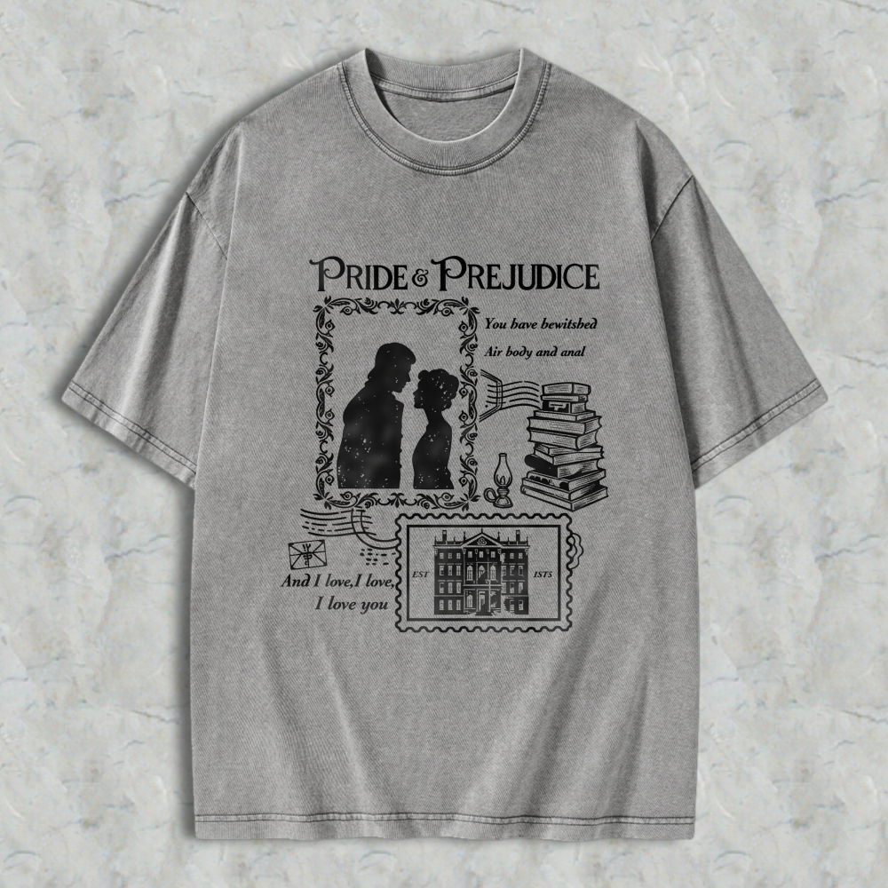 Wardrobecart Pride And Prejudice Literary Romance Quote With Couple Silhouette Books And Mansion Design Unisex Washed T-shirt