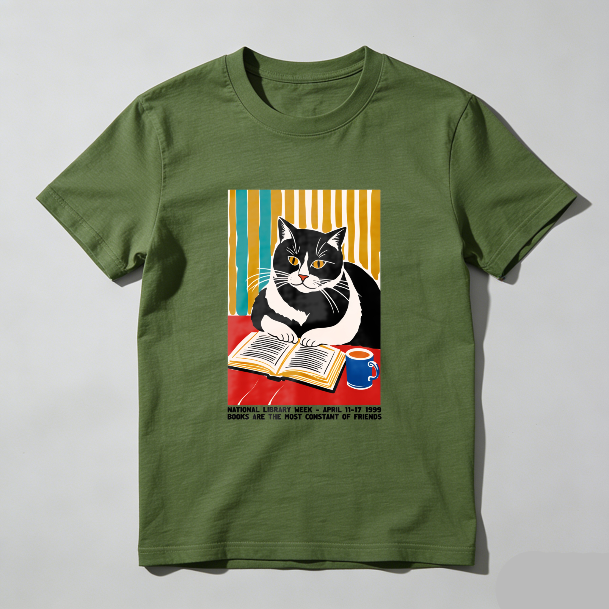 Wardrobecart Cat Reading Book With Coffee Cup Tshirt