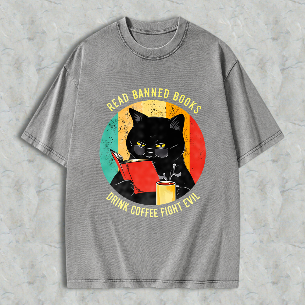 Wardrobecart Cat Reading Book With Coffee And Banned Books Text Unisex Washed T-shirt
