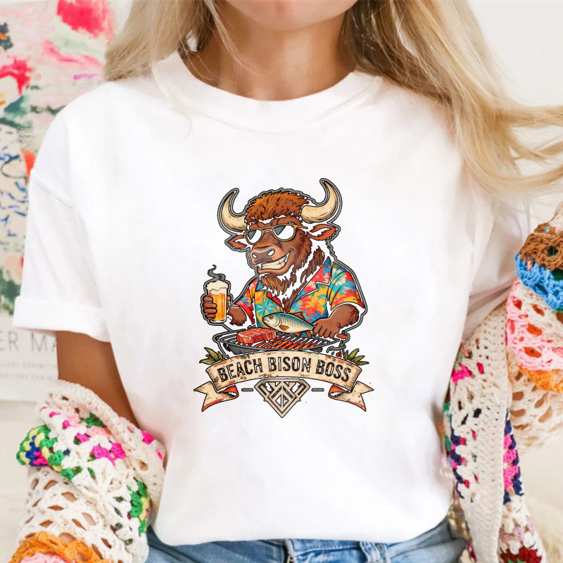 Beach Bison Boss Surfing Buffalo With Drink And Fish Unisex Classic T-shirt