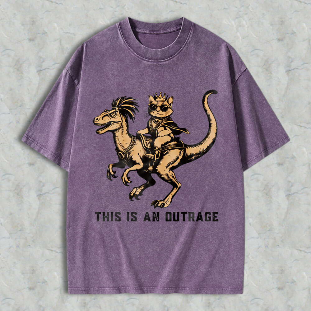 Wardrobecart Cat Riding Dinosaur With Crown And Sunglasses Unisex Washed T-shirt