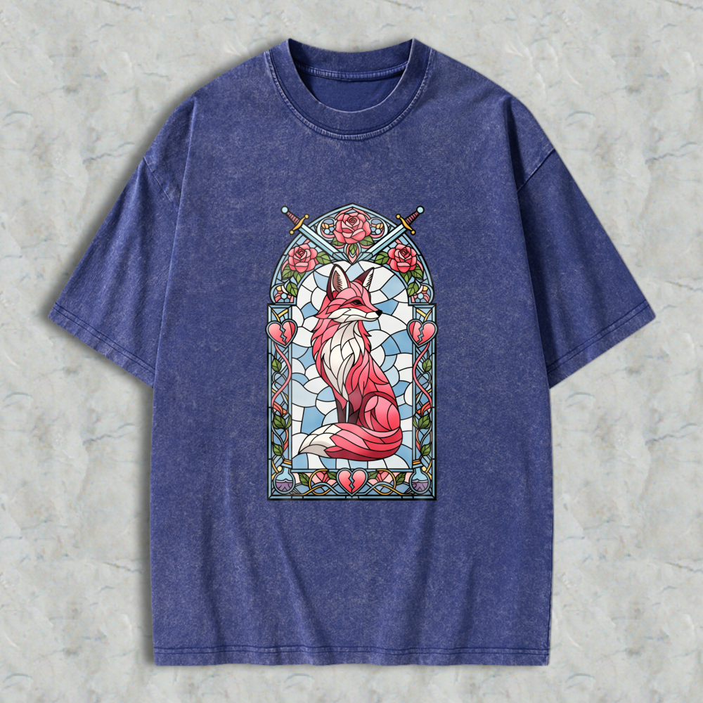 Wardrobecart Stained Glass Fox With Roses And Swords Unisex Washed T-shirt