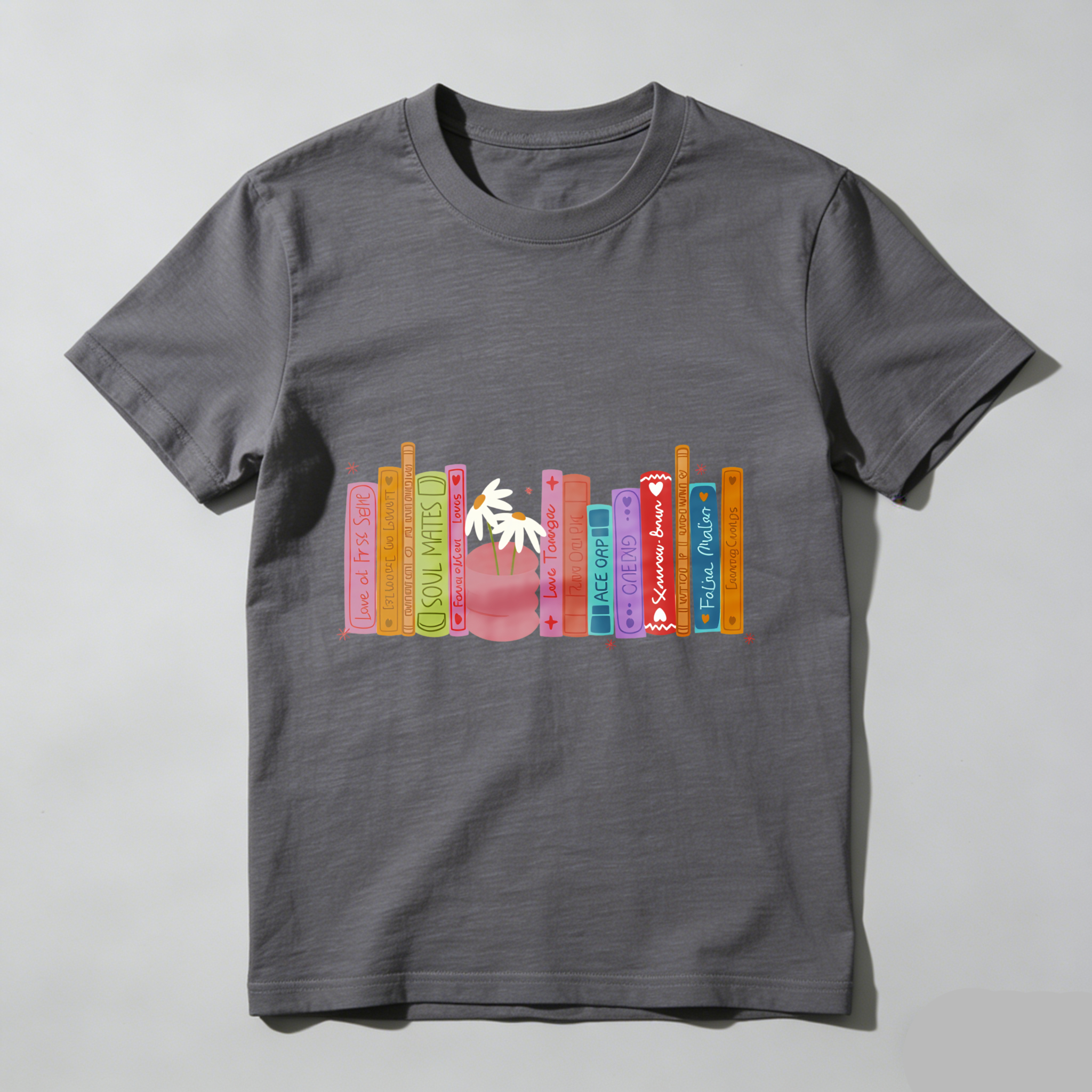 Wardrobecart Colorful Bookshelf With Potted Plant Tshirt