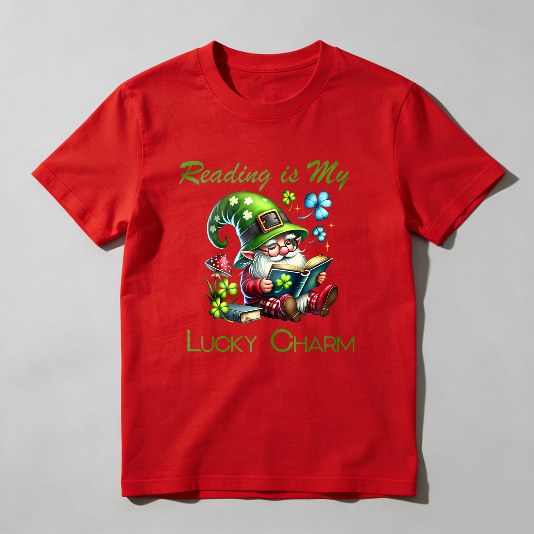 Wardrobecart Gnome Reading Book With Clover Hat tshirt