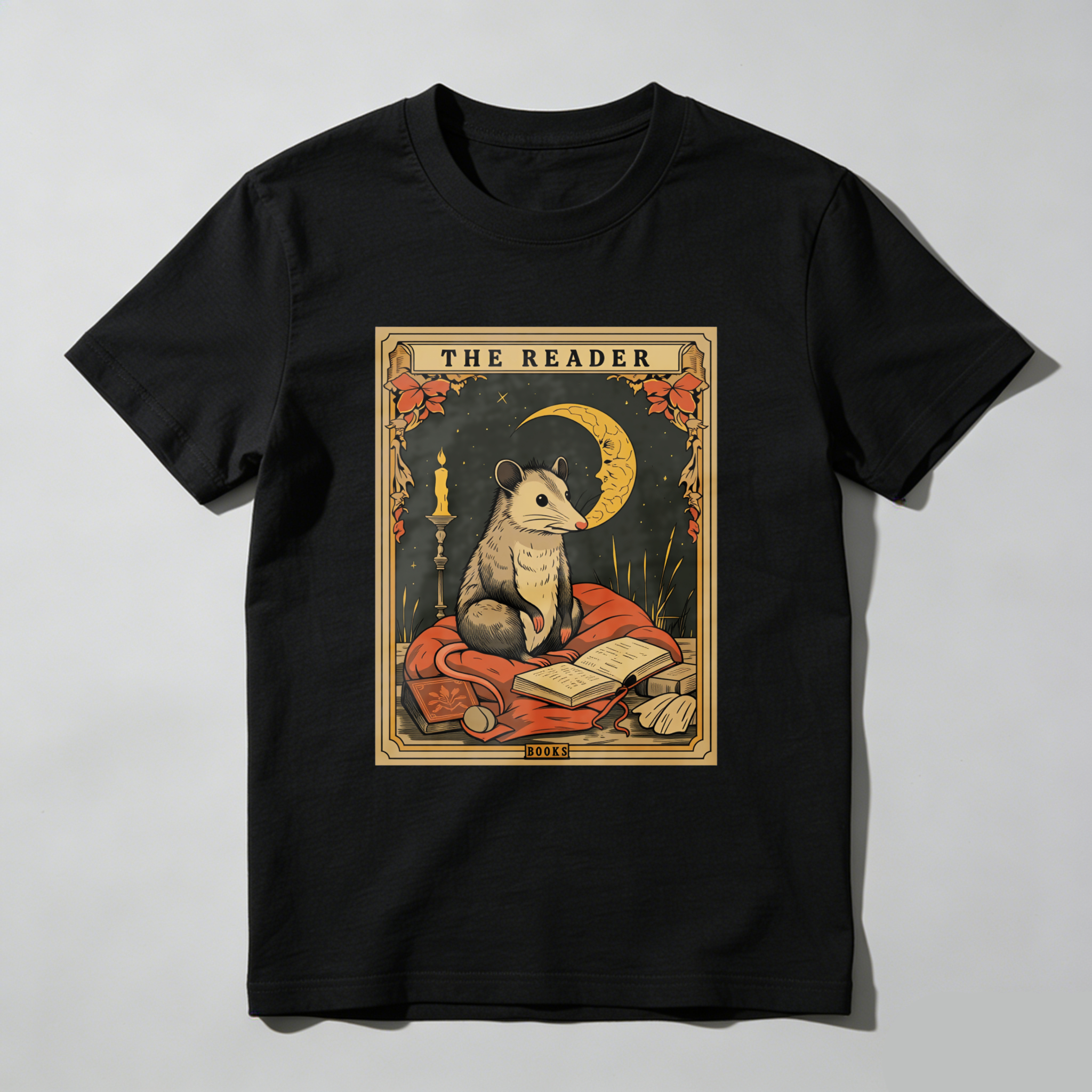 Wardrobecart The Reader Mouse Book Moon Candle Leaves Tshirt