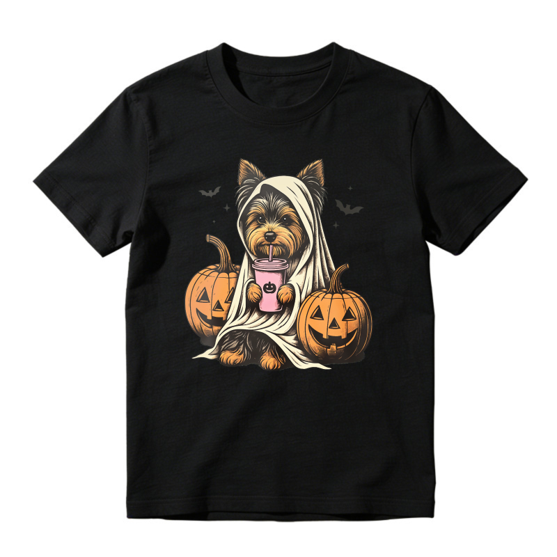 Cute Yorkshire Terrier Dog In Ghost Costume With Pumpkins And Coffee Cup Halloween Design, Unisex Classic T-shirt