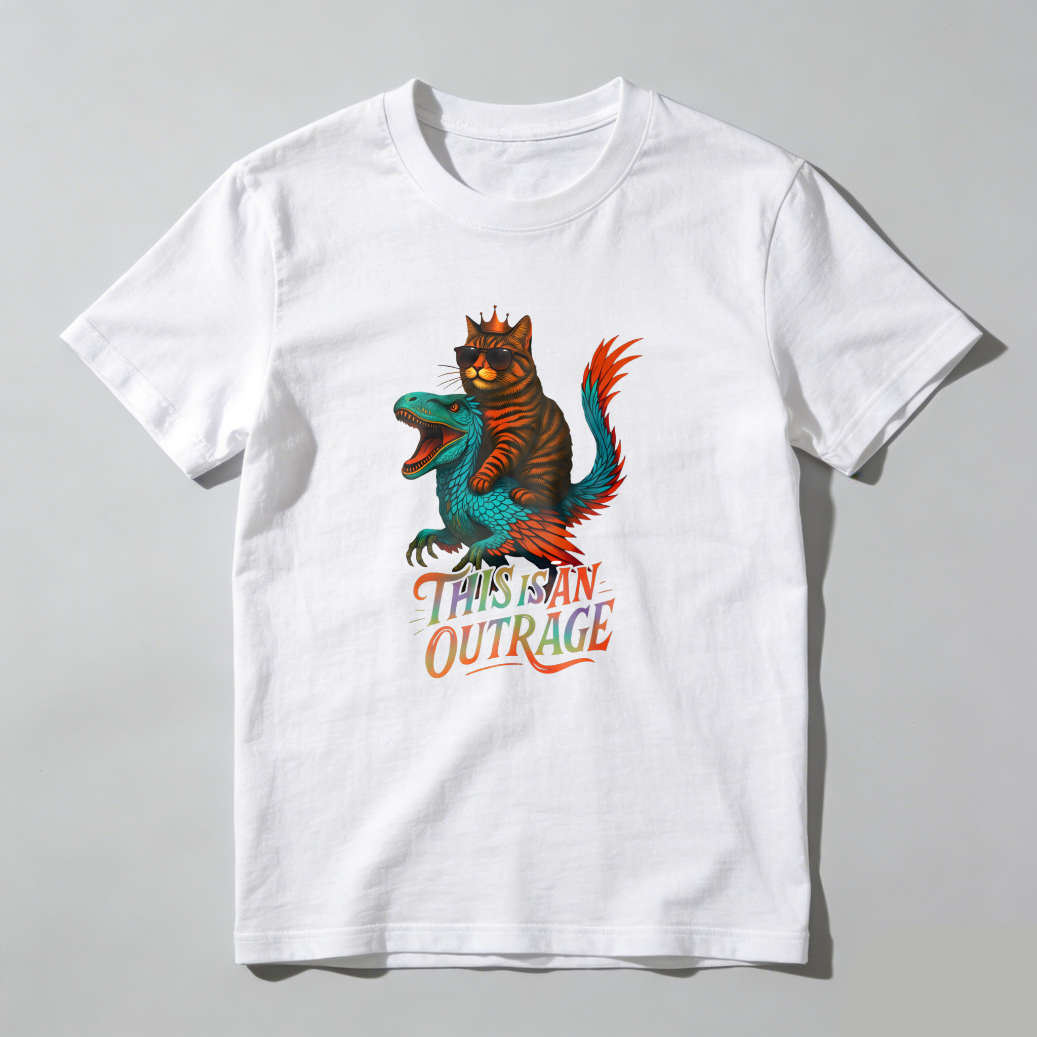 Wardrobecart Cat Riding Dinosaur This Is An Outrage Tshirt