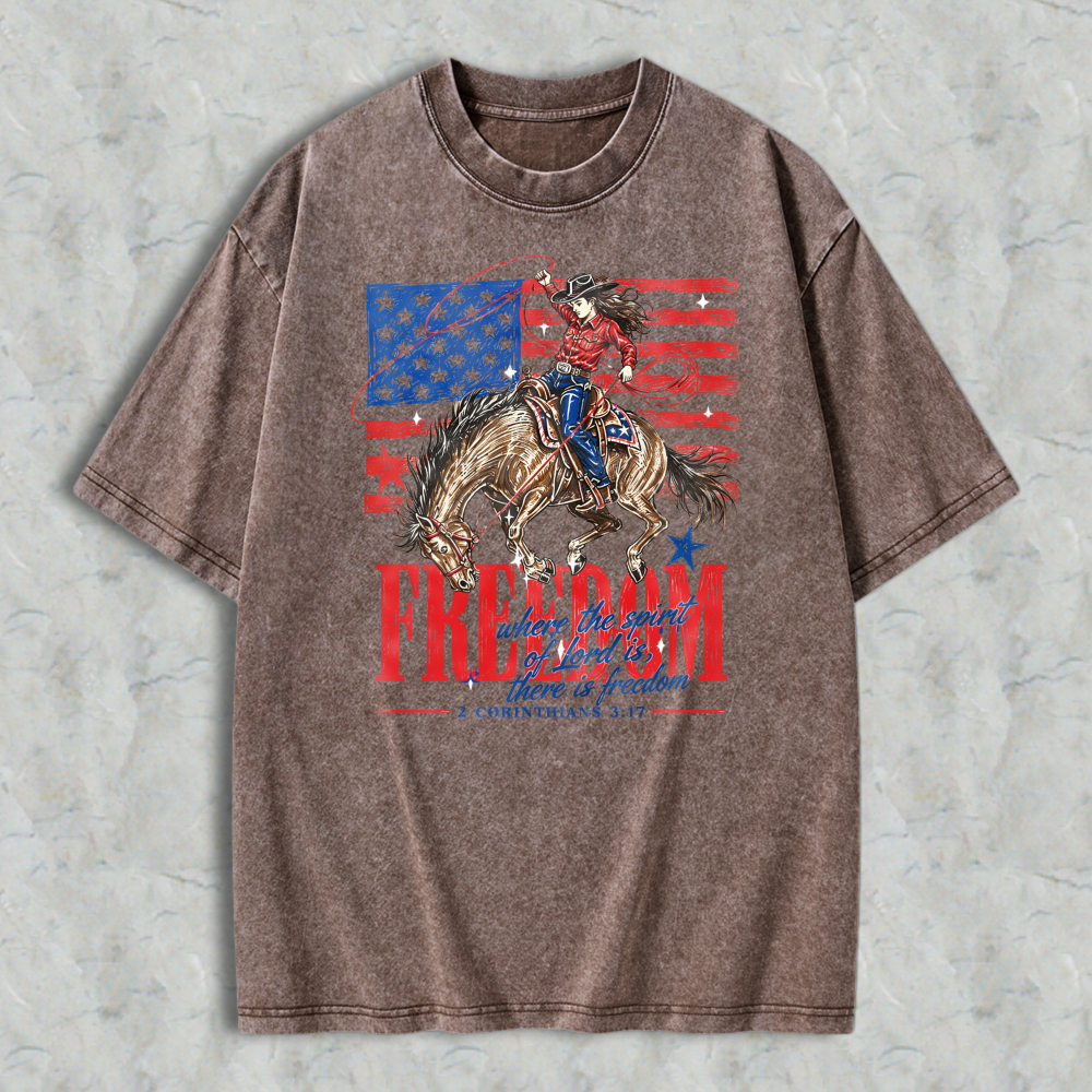 American Flag Cowboy Riding Horse Freedom Washed T-shirt
