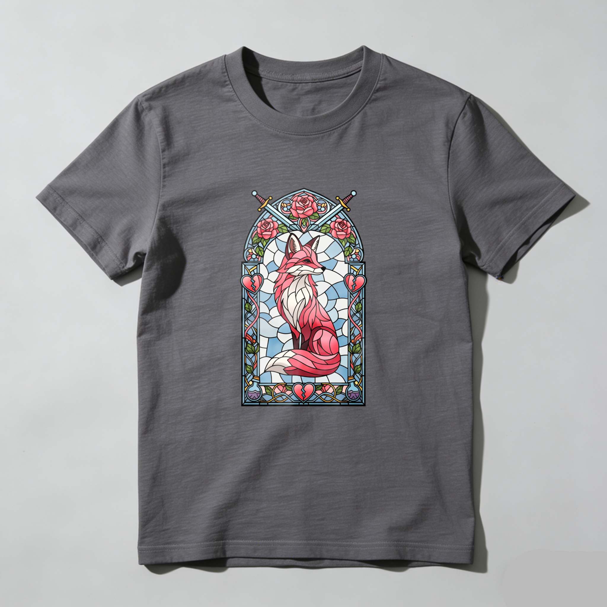 Wardrobecart Stained Glass Fox With Roses And Heart Tshirt
