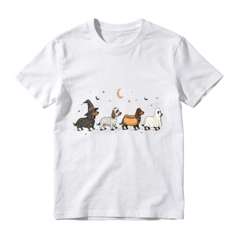 Halloween Dachshund Dogs In Witch Mummy Hotdog Ghost Costumes Under Moon And Stars, Unisex Classic T-shirt
