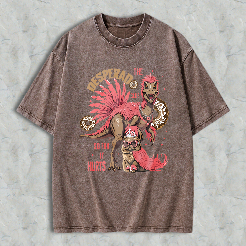 Wardrobecart Desperado Club Dinosaur With Donuts And Pink Hair Unisex Washed T-shirt