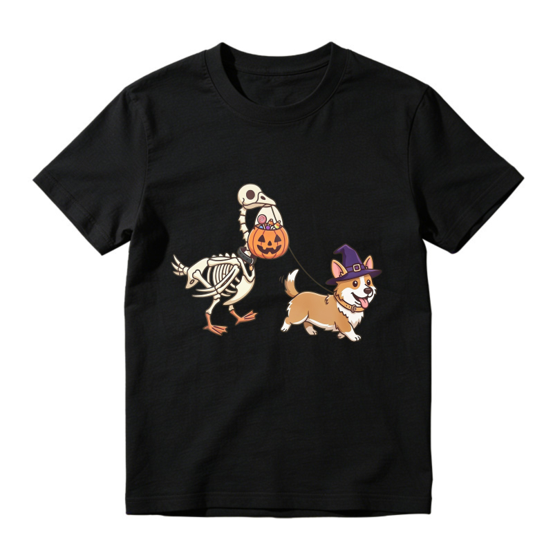 Halloween Corgi In Witch Hat Walking Skeleton Duck With Pumpkin Bucket, Unisex Classic T-shirt