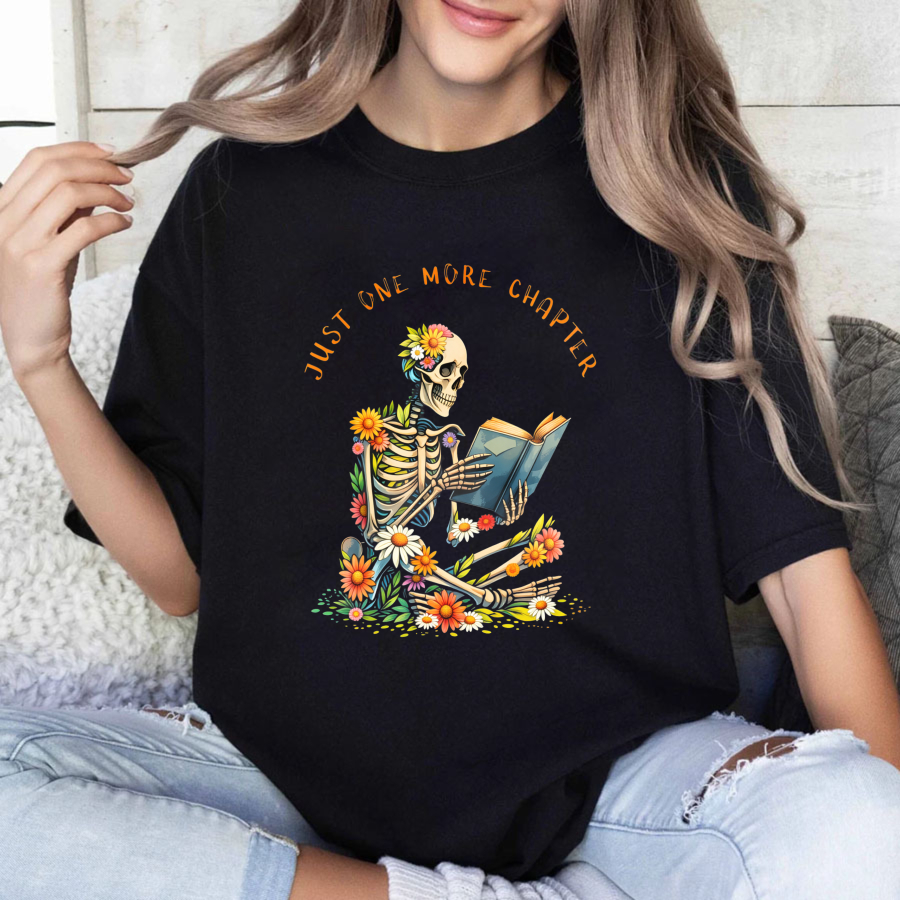 Wardrobecart Skeleton Reading Book With Flowers Tshirt