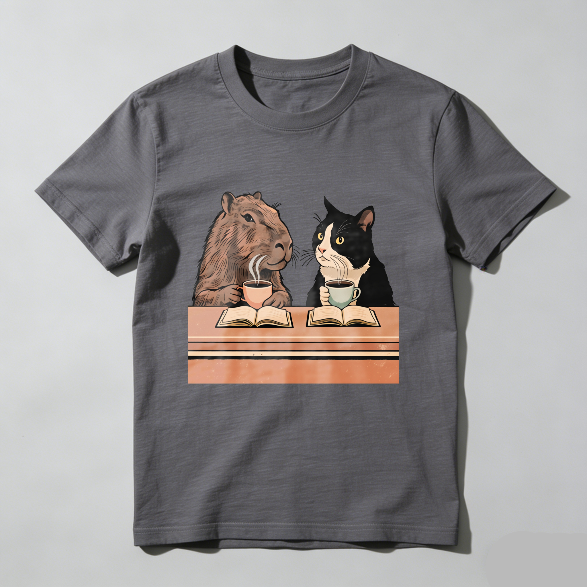 Wardrobecart Capybara And Cat Reading Books With Tea Tshirt
