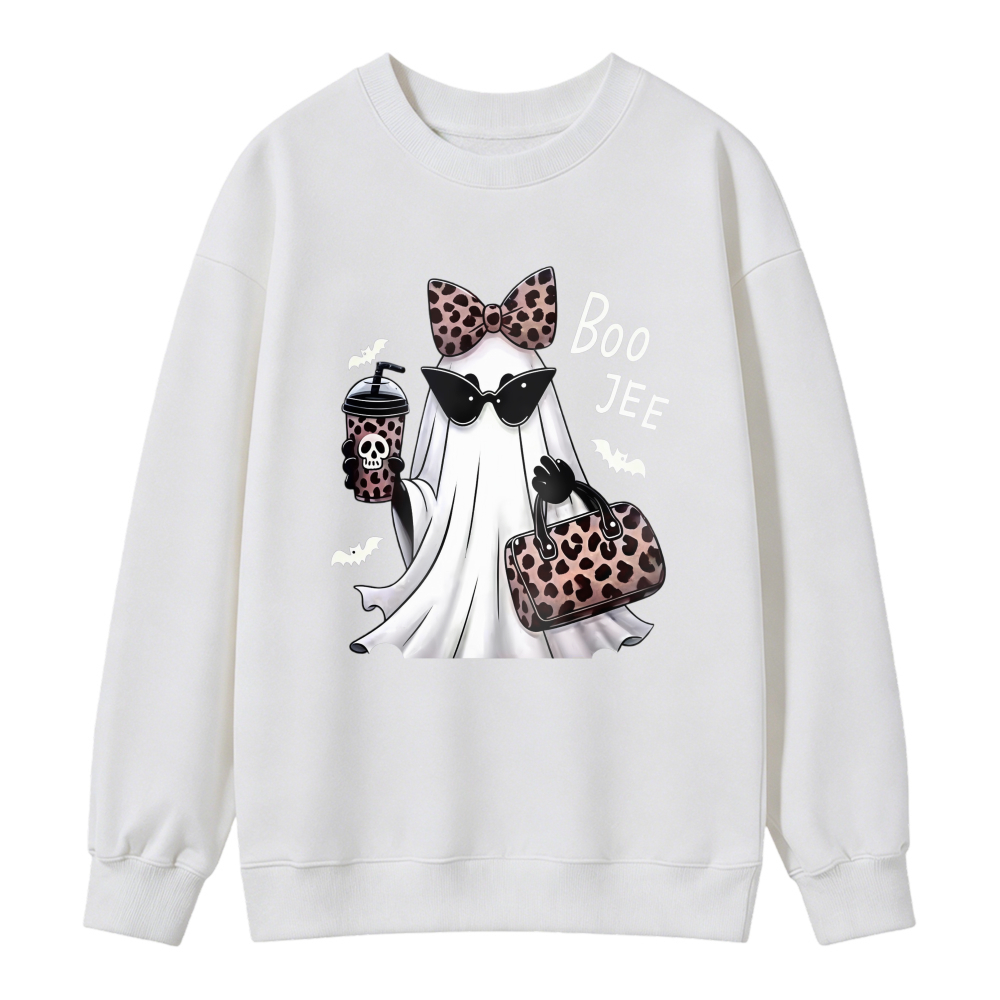 Cute Ghost With Leopard Bow Sunglasses And Coffee Cup Boo Jee Halloween Graphic Sweatshirt