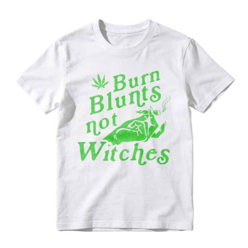 Burn Blunts Not Witches Funny Cannabis Leaf Witch Riding Broomstick Graphic T-shirt