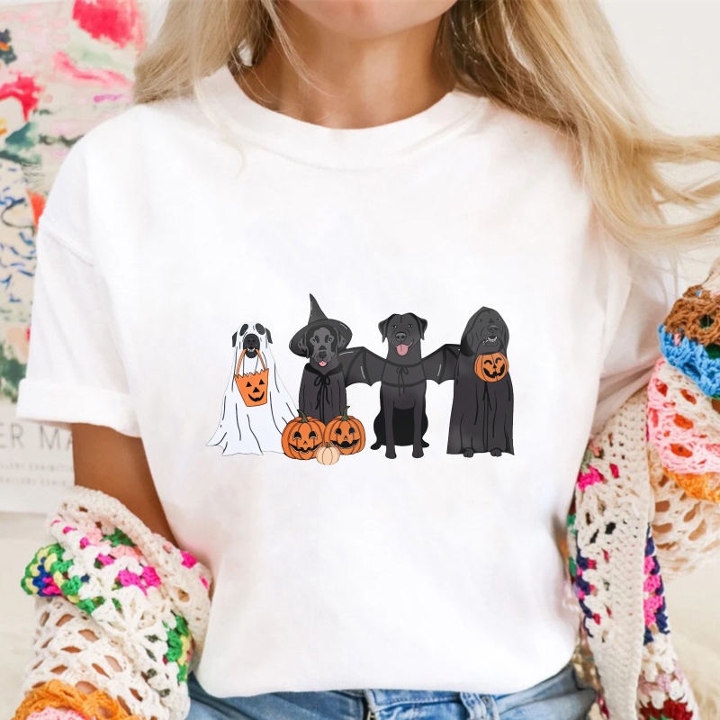 Halloween Dogs In Ghost Witch Bat And Grim Reaper Costumes With Pumpkins, Unisex Classic T-shirt