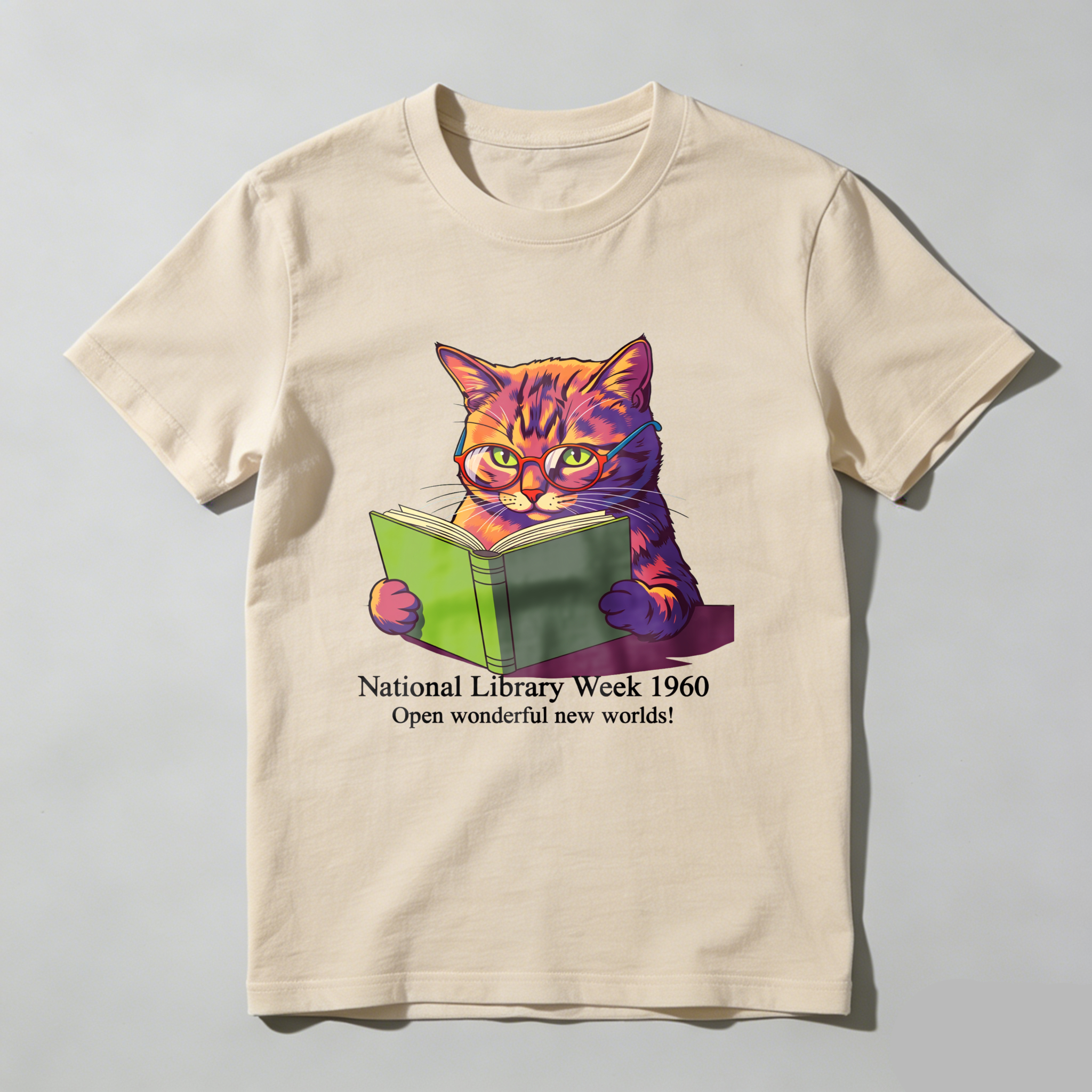 Wardrobecart Cat Reading Book National Library Week 1960 Tshirt 100% cotton