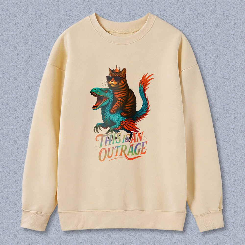 Wardrobecart Cat Riding Dinosaur This Is An Outrage Unisex Classic Sweatshirt
