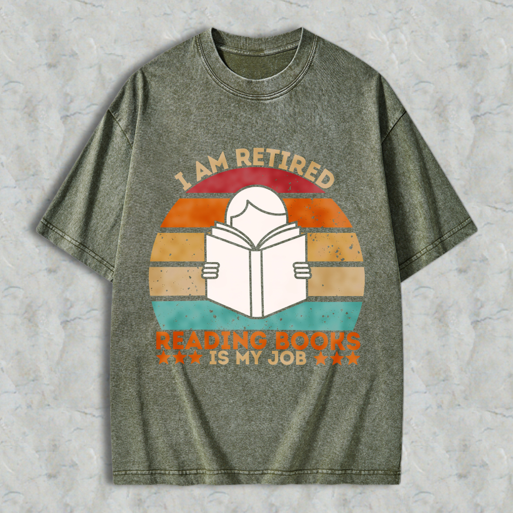 Wardrobecart I Am Retired Reading Books Is My Job Vintage Sunburst Design Unisex Washed T-shirt