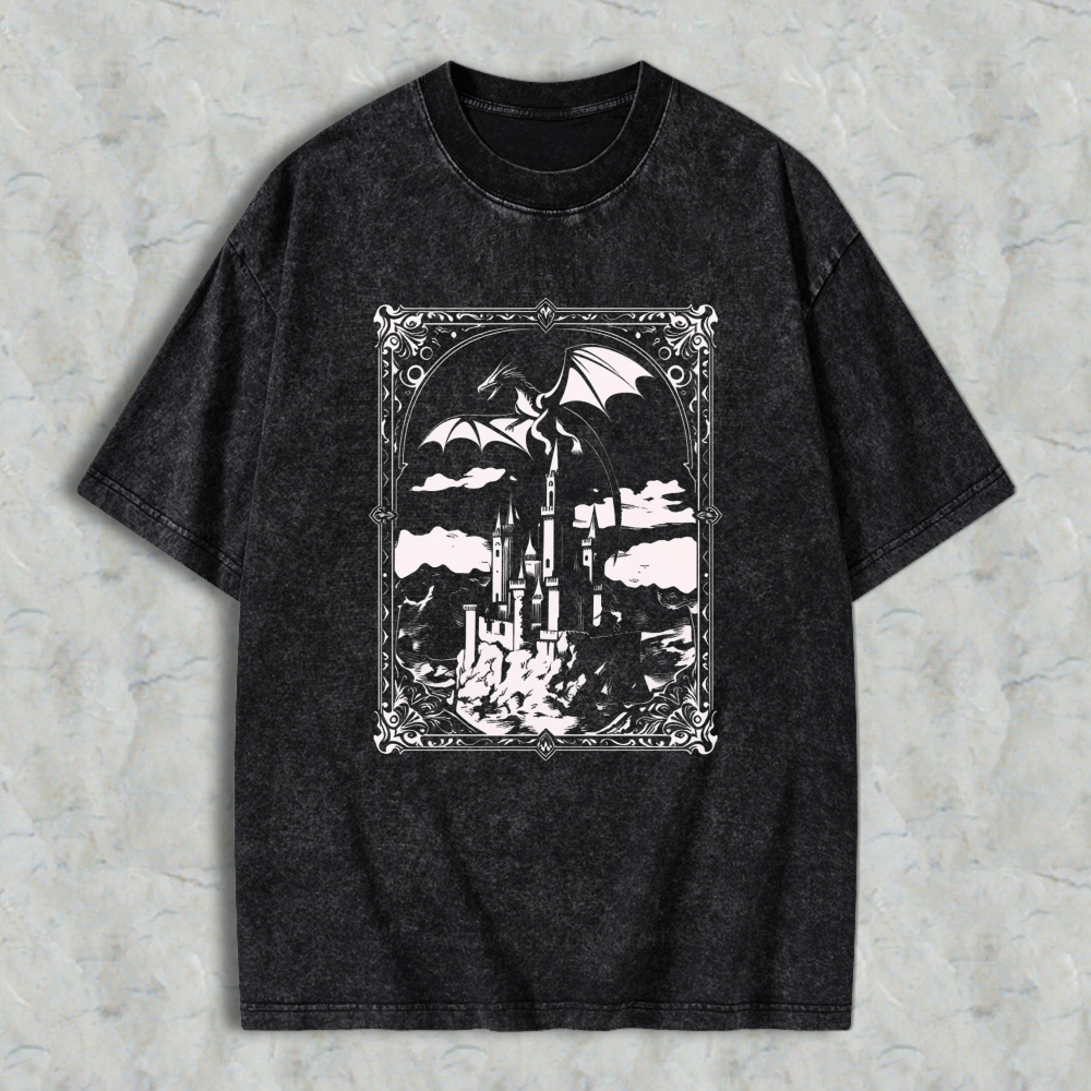 Wardrobecart Fantasy Castle Dragon Sky Scene Unisex Washed T-shirt