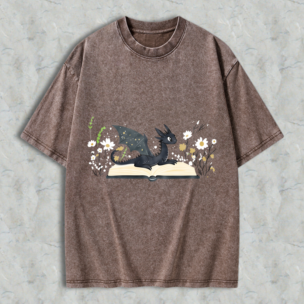 Wardrobecart Dragon Reading Book With Flowers Unisex Washed T-shirt