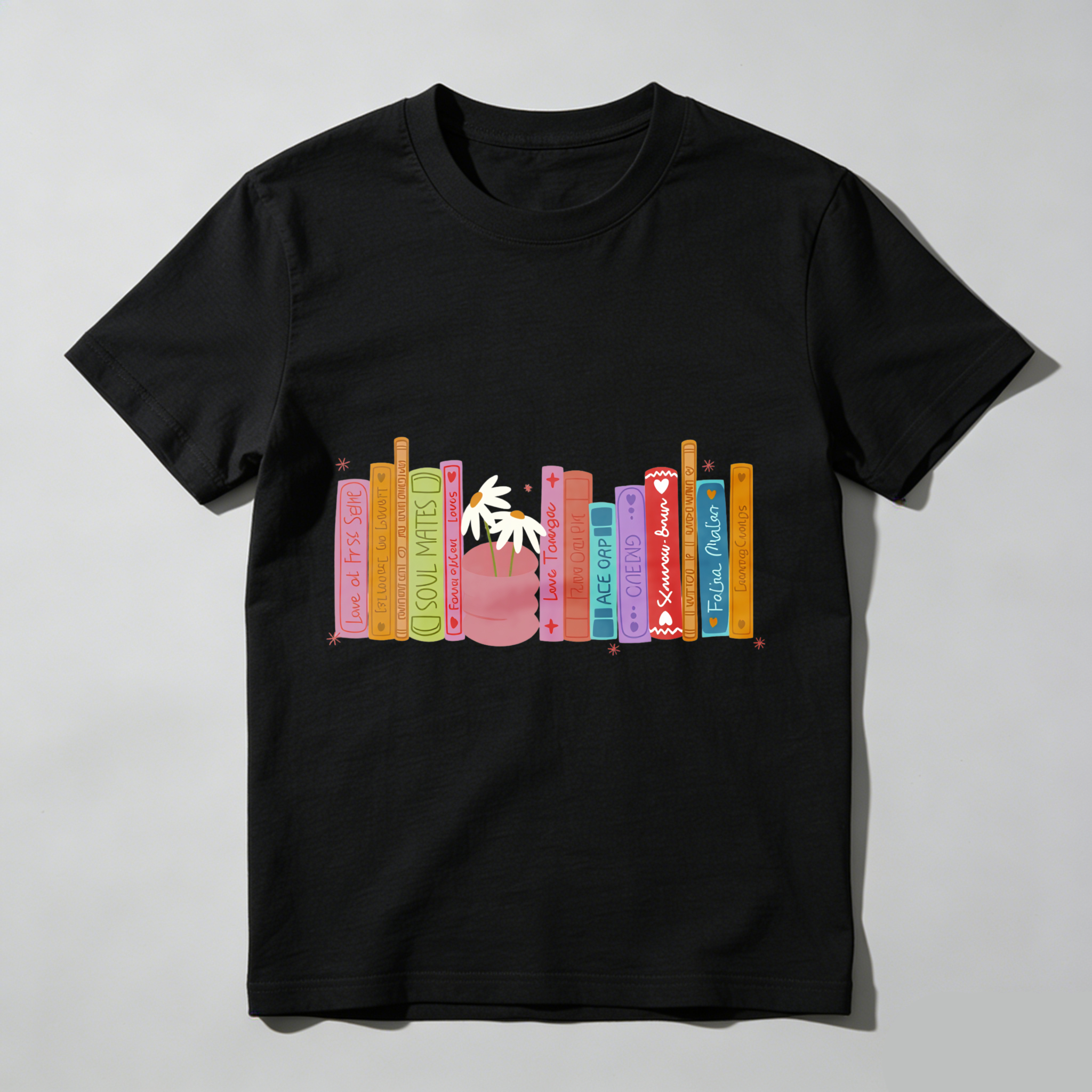 Wardrobecart Colorful Bookshelf With Potted Plant Tshirt