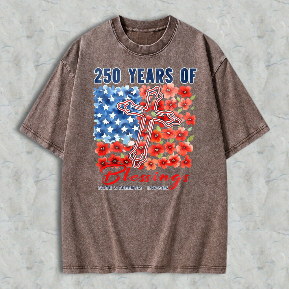 250 Years Of Blessings American Flag Cross And Flowers Washed T-shirt