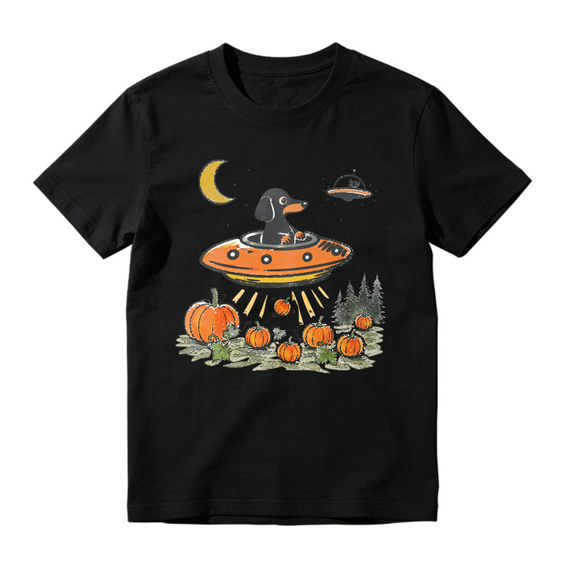 Dachshund In Ufo Flying Over Pumpkin Patch With Moon And Spaceship, Unisex Classic T-shirt