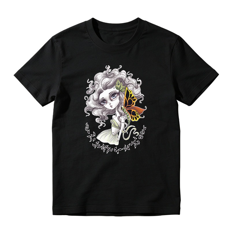 Whimsical Girl With Butterfly And Floral Vine Art, Unisex Classic T-shirt