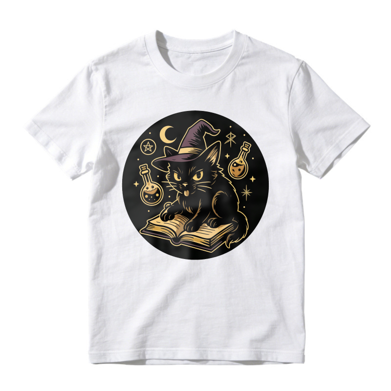 Witch Cat Reading Magic Book With Potions And Moon, Unisex Classic T-shirt