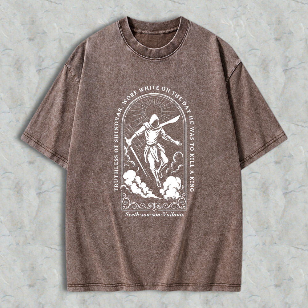 Wardrobecart Reaper With Sword And Scythe Standing On Clouds In Arch Design With Quote Truthless Of Sinovar Wore White On The Day He Was To Kill A King Seeth Son Son Vailano Unisex Washed T-shirt