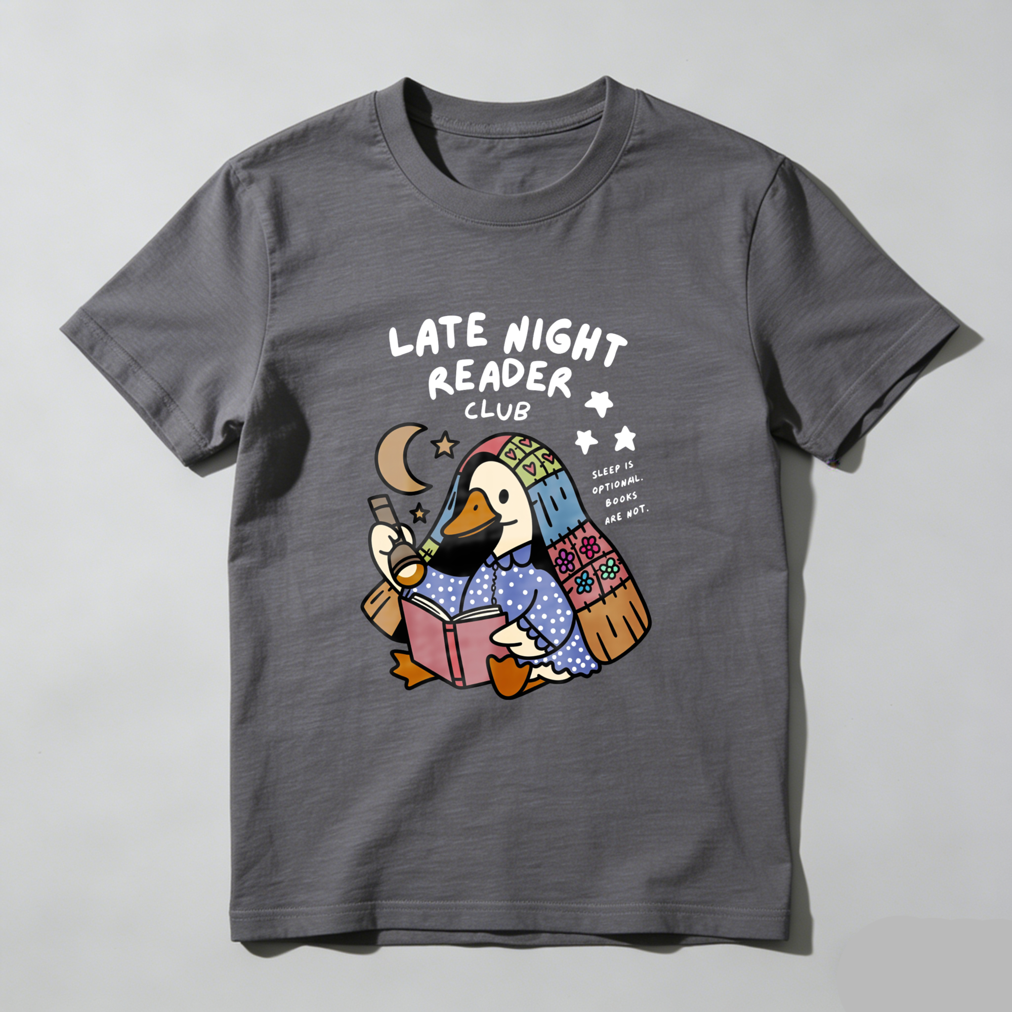 Wardrobecart Late Night Reader Club Duck Reading Book Tshirt