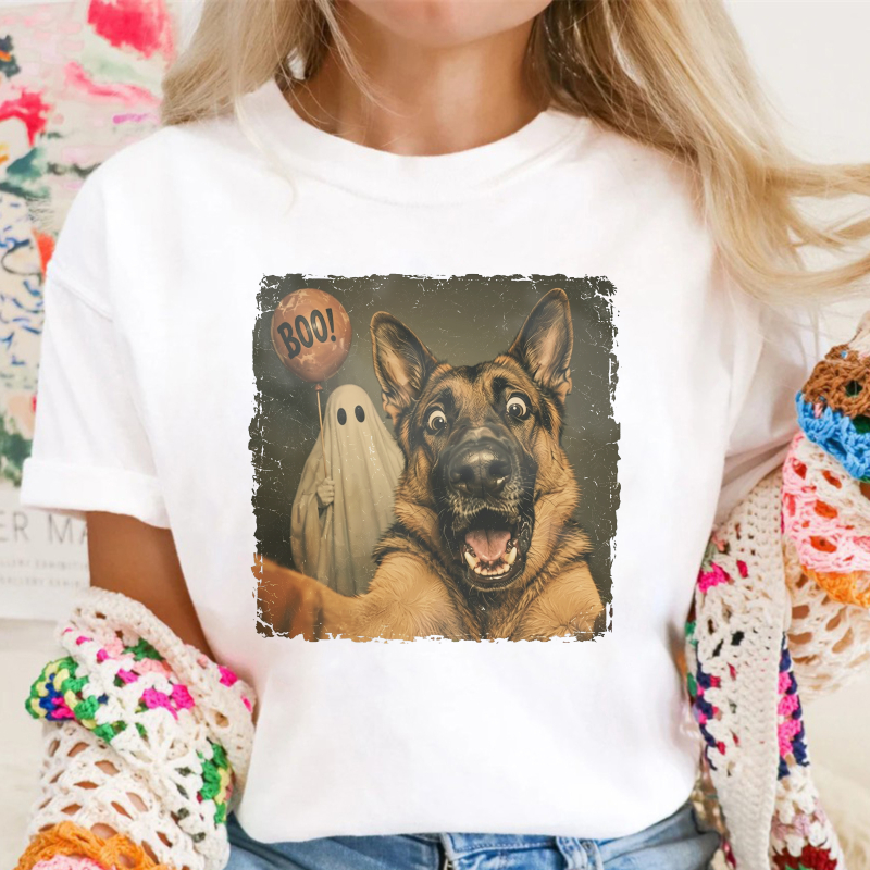 Halloween German Shepherd Dog With Ghost And Boo Balloon Funny Scared Puppy, Unisex Classic T-shirt