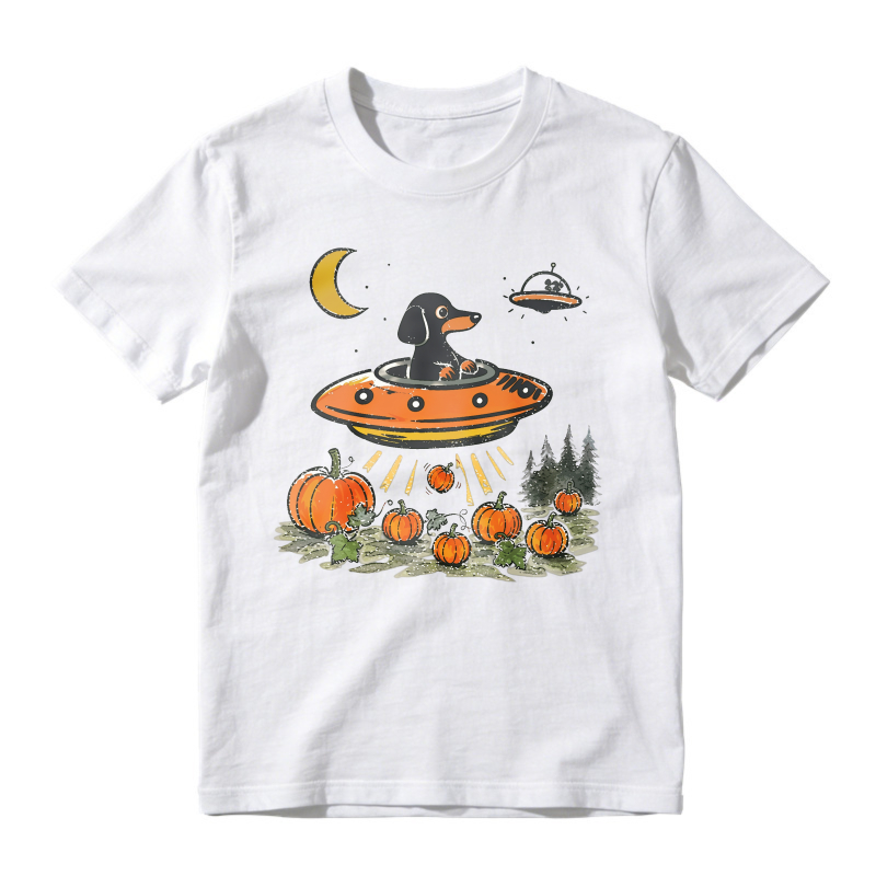 Dachshund In Ufo Flying Over Pumpkin Patch With Moon And Spaceship, Unisex Classic T-shirt