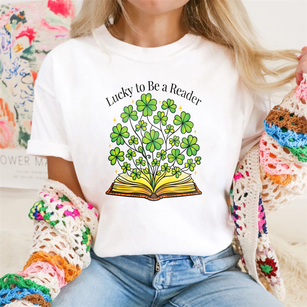 Wardrobecart Lucky To Be A Reader Book With Clovers tshirt
