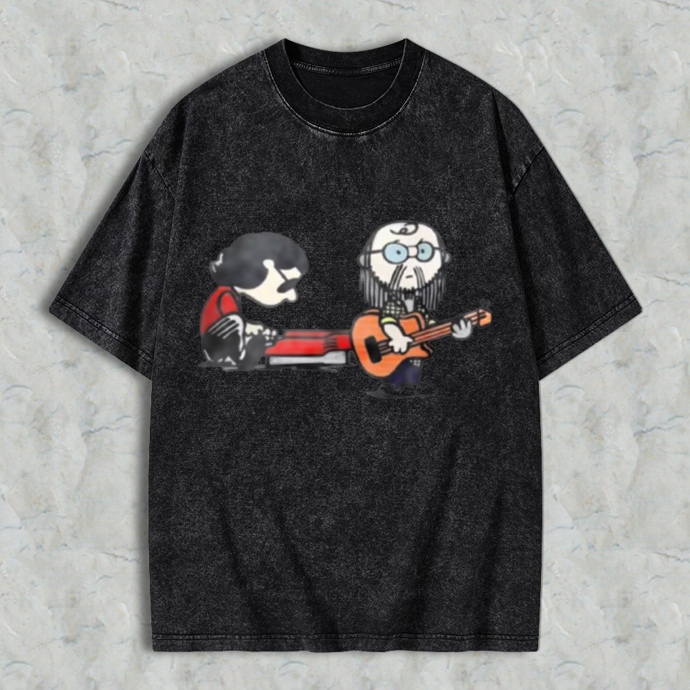 Cartoon Musicians Playing Guitar And Keyboard Graphic Washed T-shirt