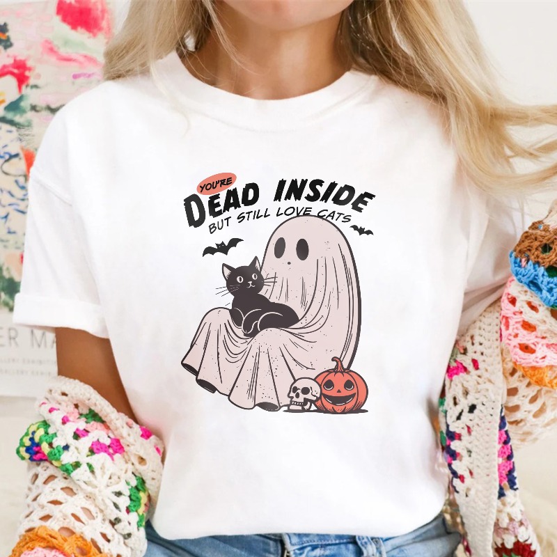 Dead Inside But Still Love Cats Ghost With Black Cat And Pumpkin Halloween Graphic, Unisex Classic T-shirt