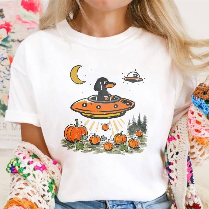Dachshund In Ufo Flying Over Pumpkin Patch With Moon And Spaceship, Unisex Classic T-shirt