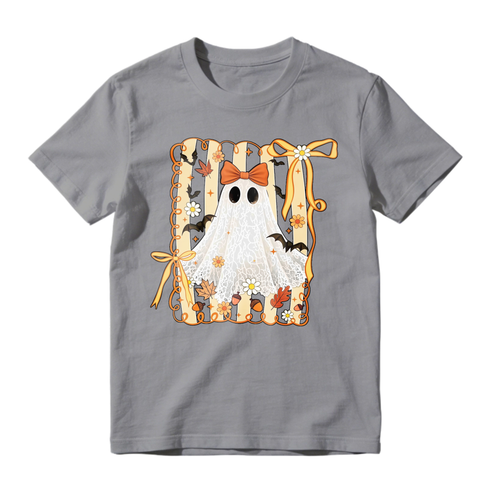 Cute Ghost With Orange Bow And Autumn Leaves Frame, Unisex Classic T-shirt