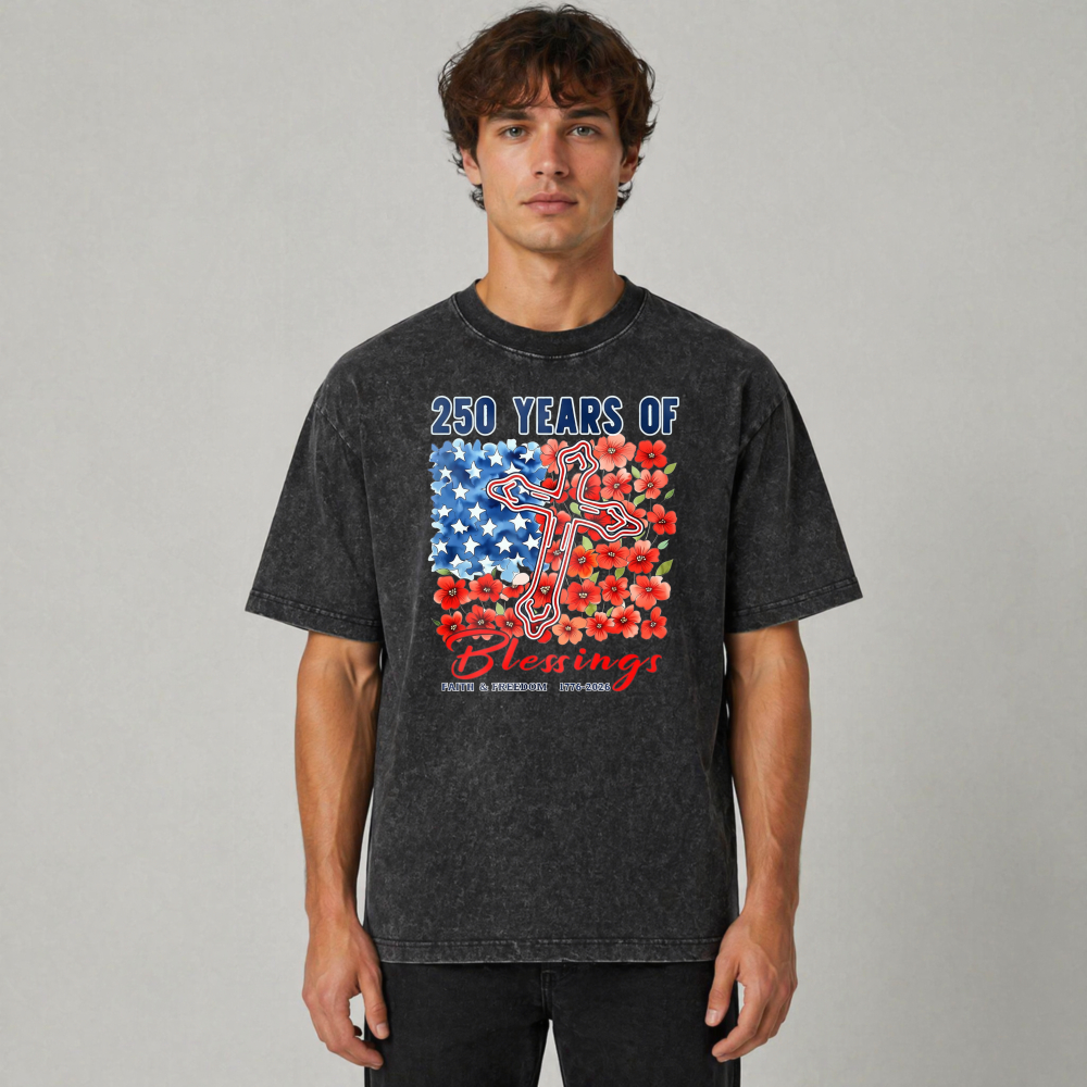 250 Years Of Blessings American Flag Cross And Flowers Washed T-shirt