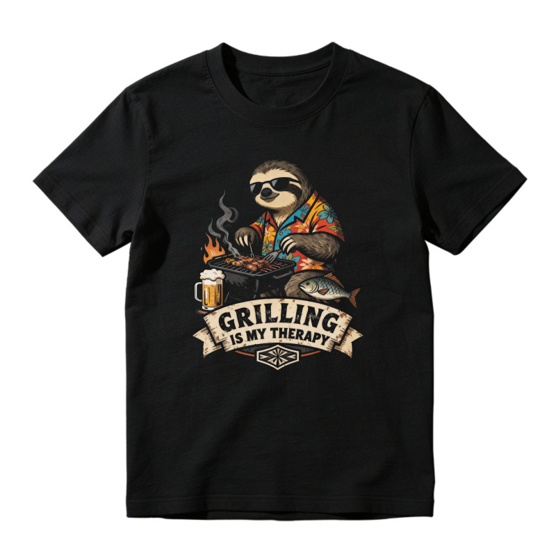 Sloth Wearing Sunglasses Grilling Fish With Beer And Flames Grilling Is My Therapy Unisex Classic T-shirt