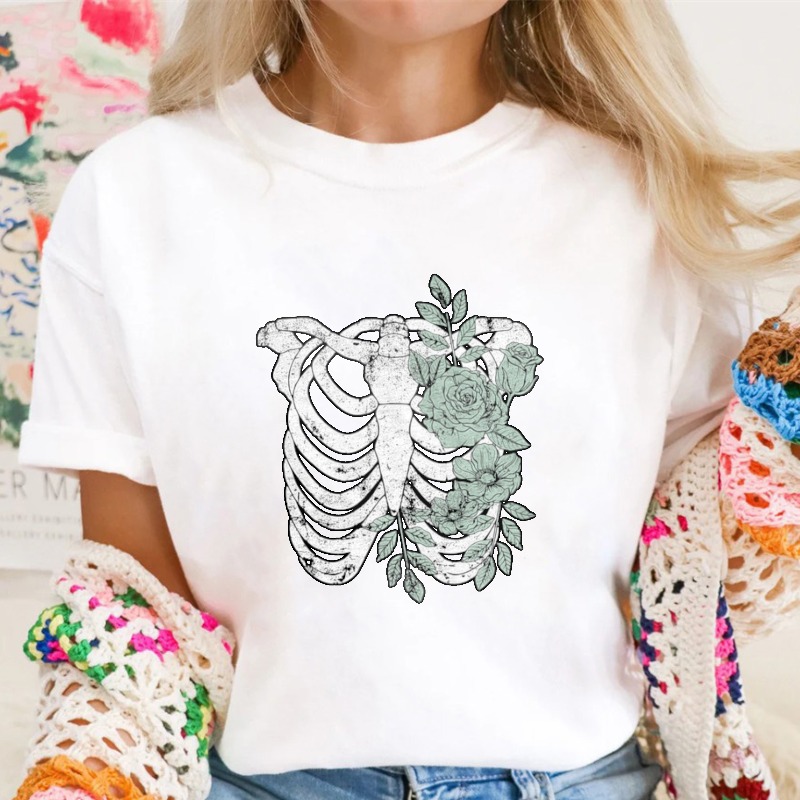 Rib Cage With Roses And Leaves Floral Skeleton Graphic T-shirt
