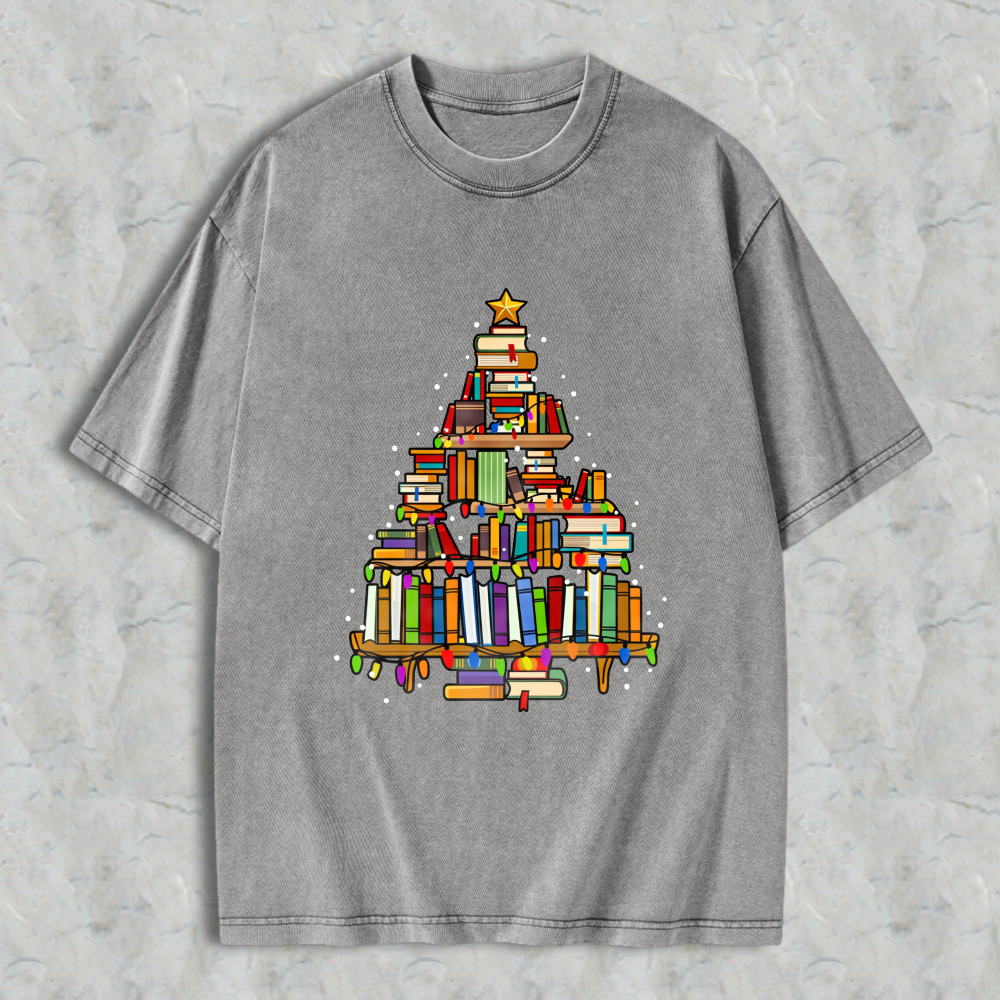 Wardrobecart Book Christmas Tree Unisex Washed T-shirt