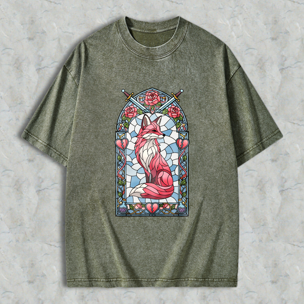 Wardrobecart Stained Glass Fox With Roses And Swords Unisex Washed T-shirt