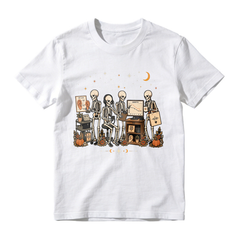 Skeletons Working At Desk With Computers And Pumpkins Under Moon And Stars Unisex Classic T-shirt
