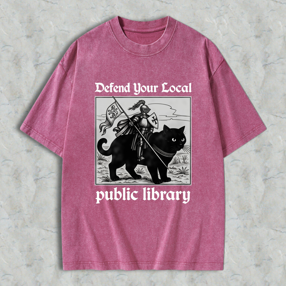 Wardrobecart Knight And Cat Defend Your Local Public Library Unisex Washed T-shirt