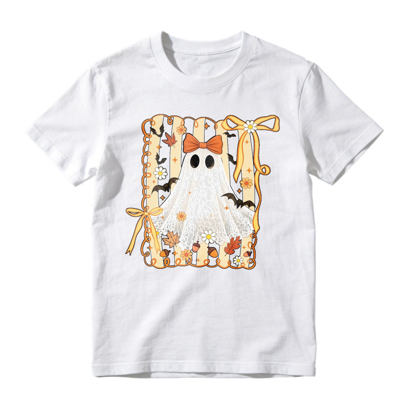 Cute Ghost With Orange Bow And Autumn Leaves Frame, Unisex Classic T-shirt